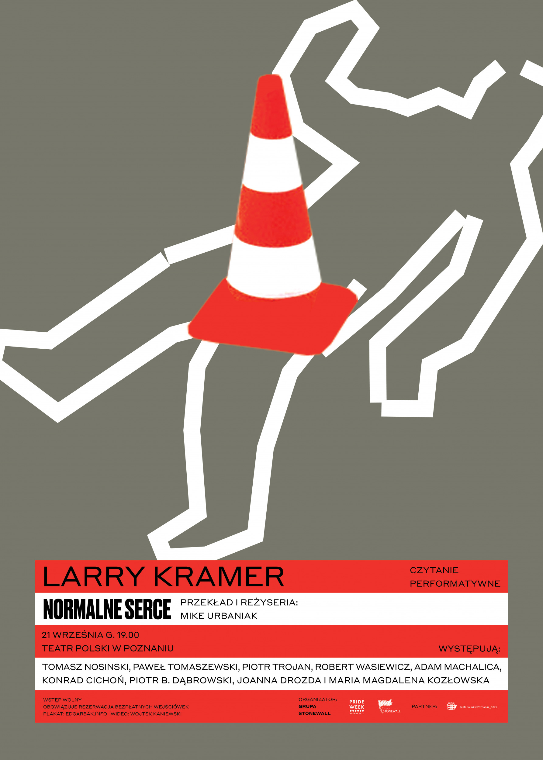Plakat projektu Edgara Bąka DO SPEKTAKLU - LARRY KRAMER NORMALNE SERCE. NA SZARYM TLE BIAŁY OBRYS CIAŁA, NA KTÓRYM STOI BIAŁO-POMARAŃCZOWY PACHOŁEK DROGOWY