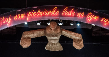 Zdjęcie wiszącego słomianego ptaka i napis:" Witaj nam pieśniarko ludu na tym zagonie"
