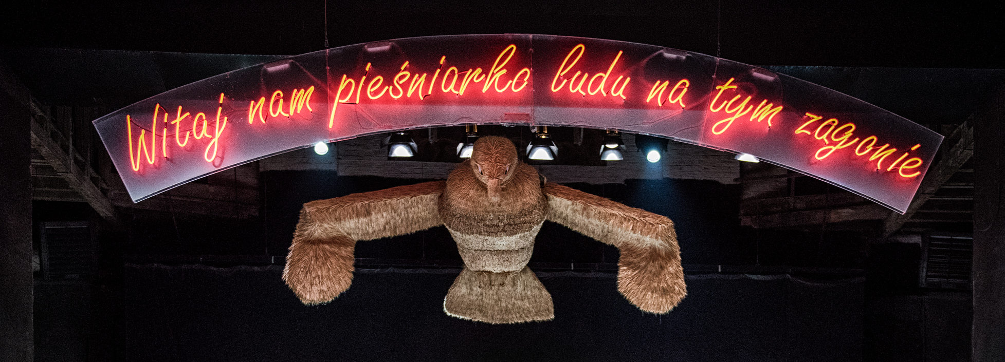 Zdjęcie wiszącego słomianego ptaka i napis:" Witaj nam pieśniarko ludu na tym zagonie"